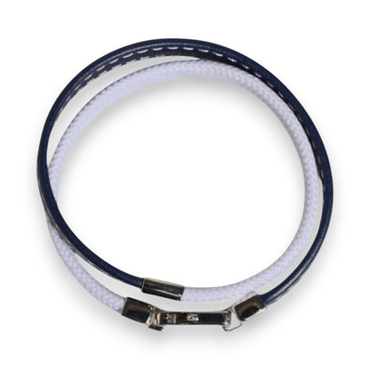 Blue White Leather Trimmed DG Engraved Silver Tone Clasp Bracelet
