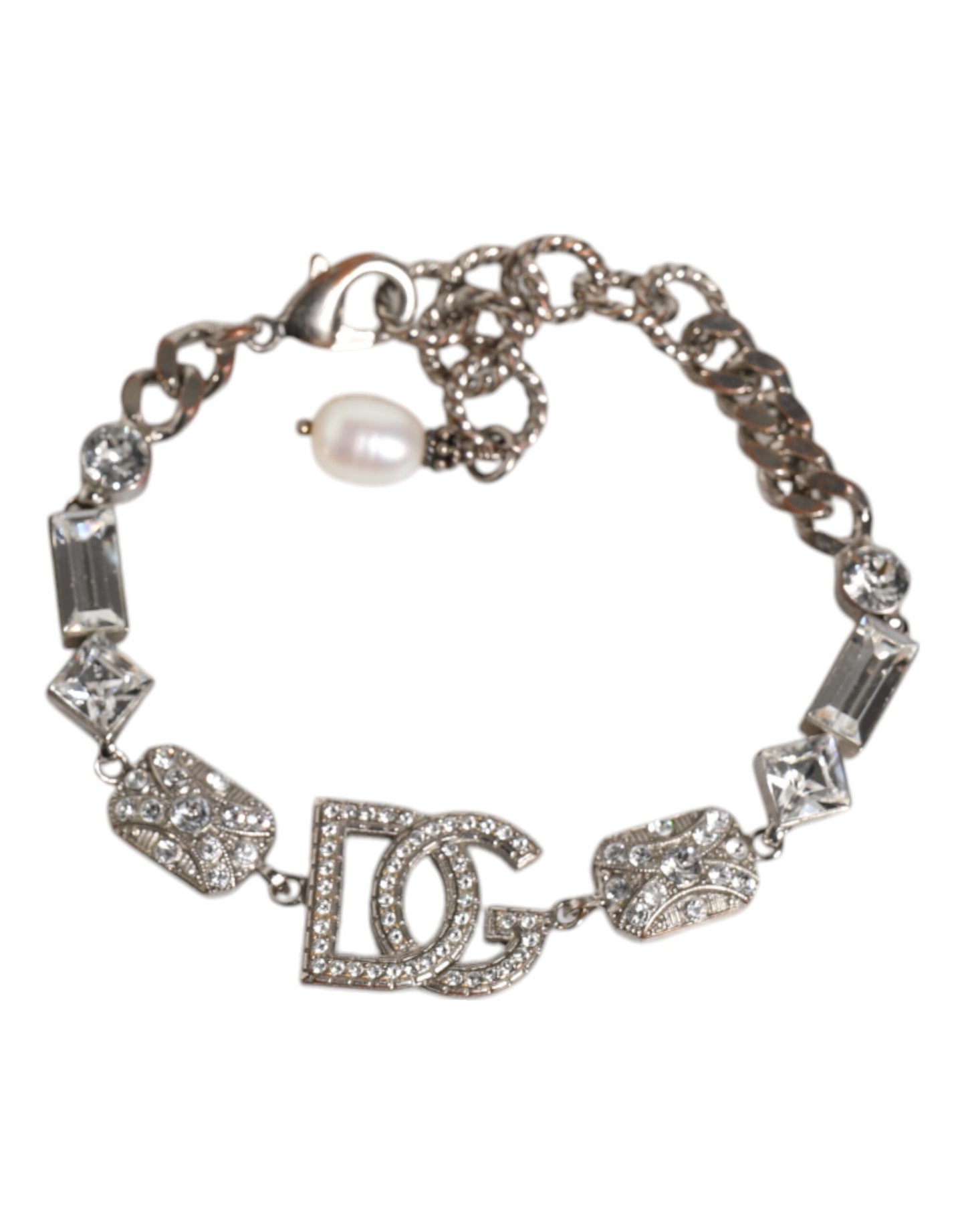 Silver Brass Crystal DG Logo Charm Embellished Bracelet