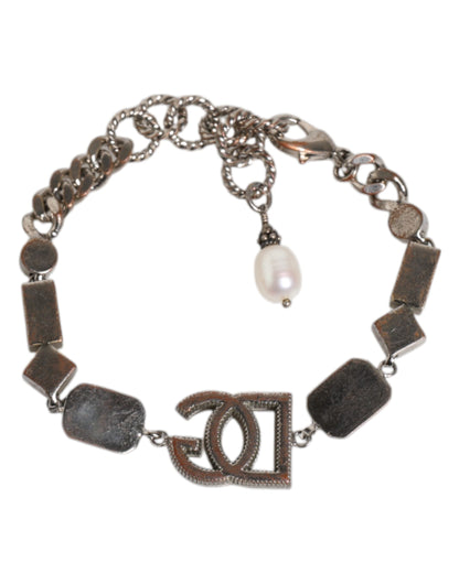 Silver Brass Crystal DG Logo Charm Embellished Bracelet