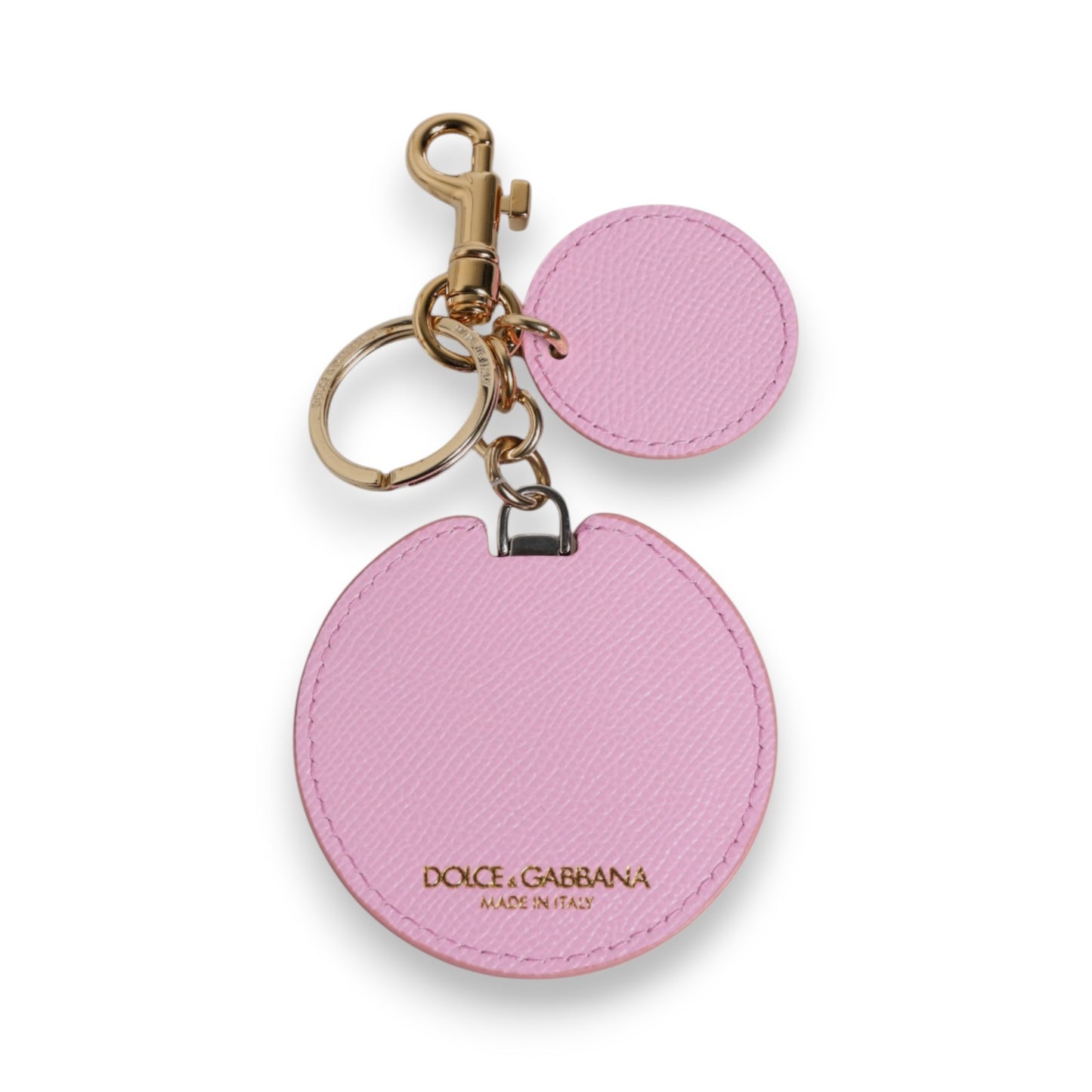 Pink Calf Leather Gold Metal Logo Print Keyring Keychain
