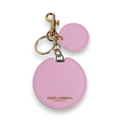 Pink Calf Leather Gold Metal Logo Print Keyring Keychain