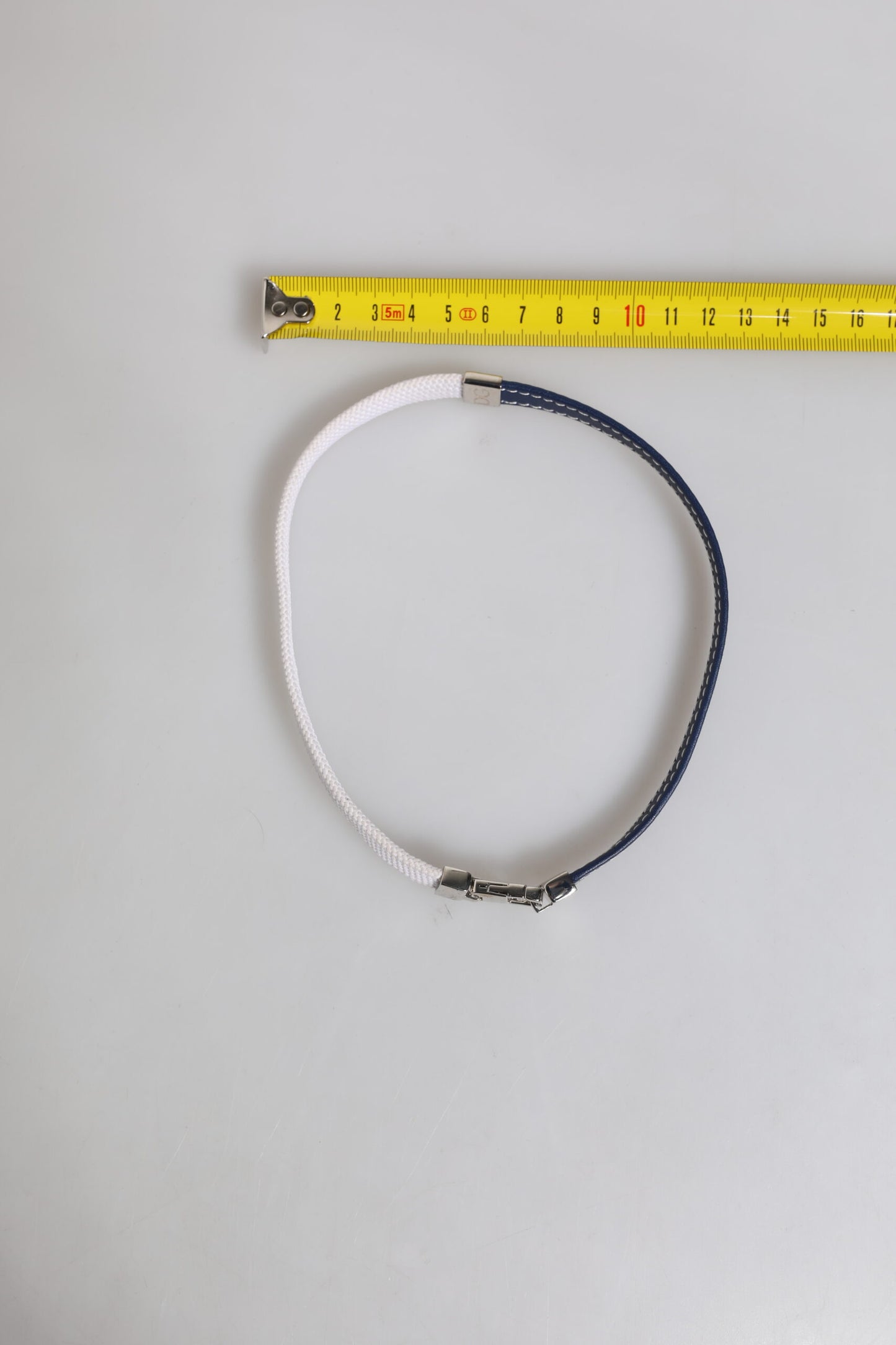 Blue White Leather Trimmed DG Engraved Silver Tone Clasp Bracelet