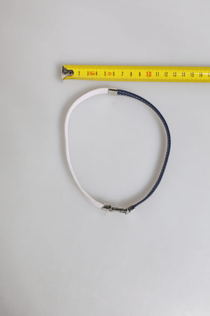 Blue White Leather Trimmed DG Engraved Silver Tone Clasp Bracelet