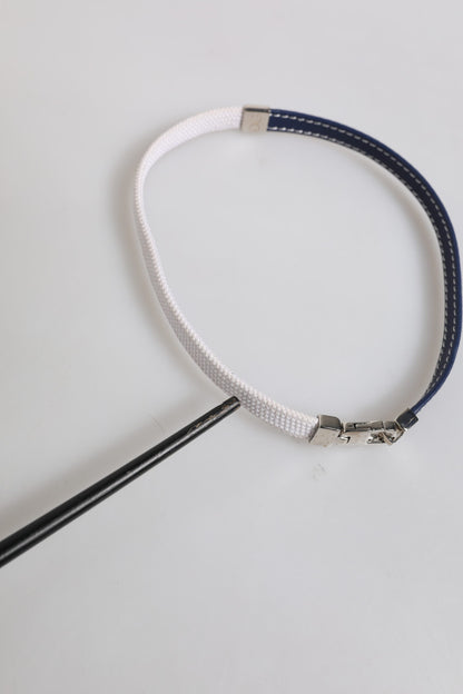 Blue White Leather Trimmed DG Engraved Silver Tone Clasp Bracelet