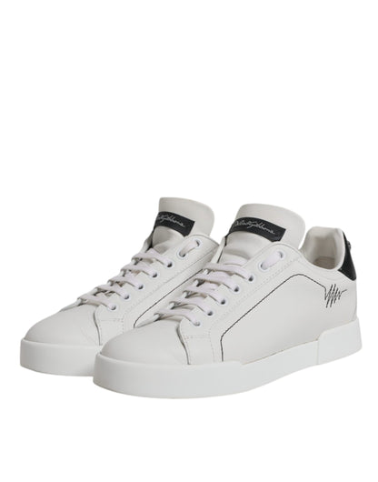 White Black Leather Low Top Sneakers Shoes