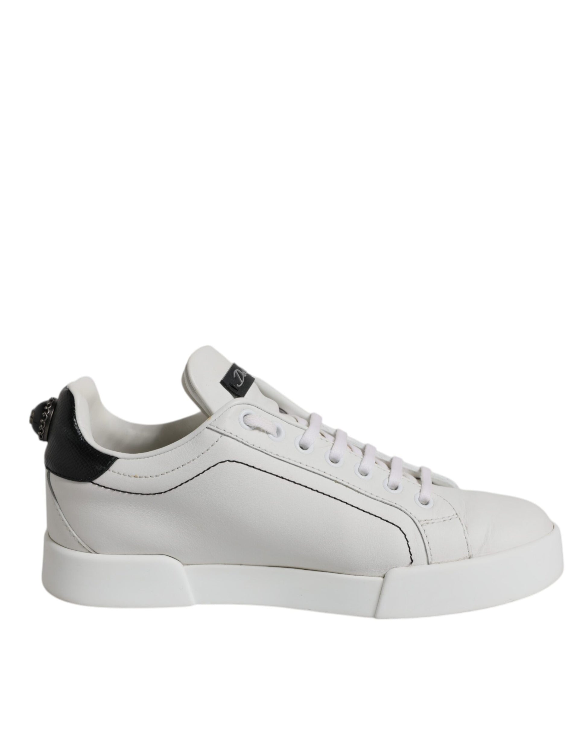 White Black Leather Low Top Sneakers Shoes