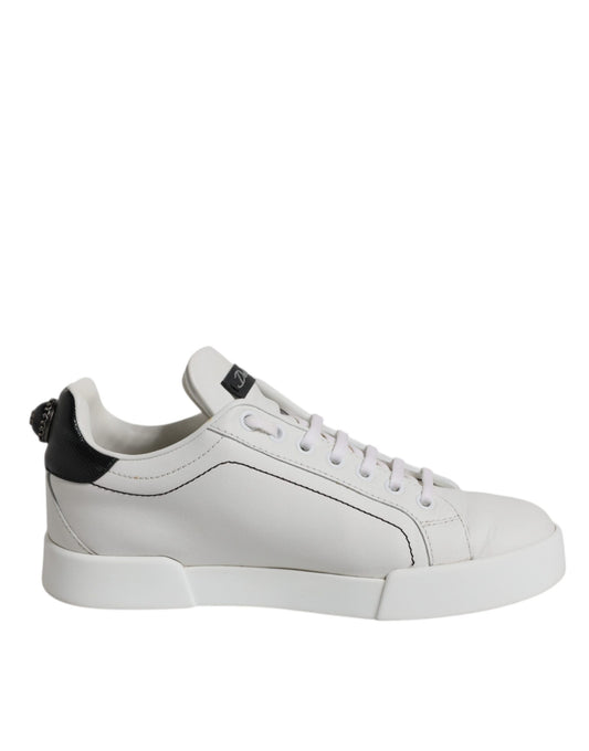 White Black Leather Low Top Sneakers Shoes