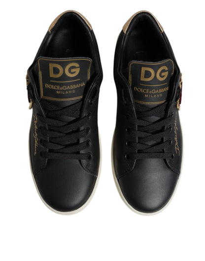 Black Leather Gold Red Heart Sneakers Shoes