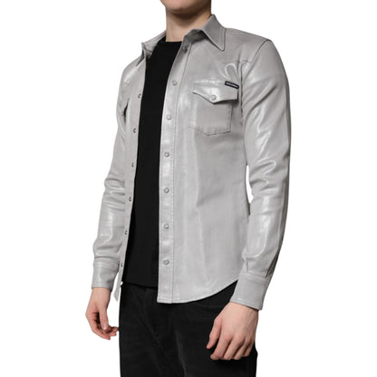 Metallic Gray Cotton Button Down Shirt