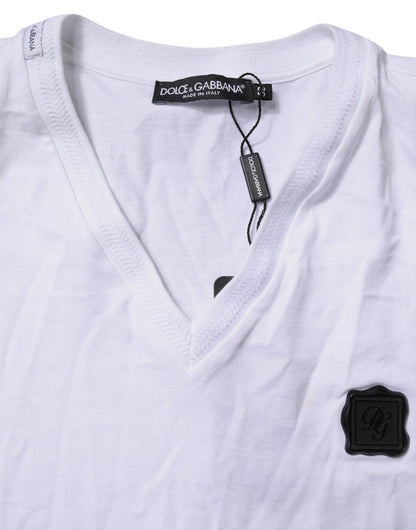 White Cotton Logo Patch V-neck Tee T-shirt