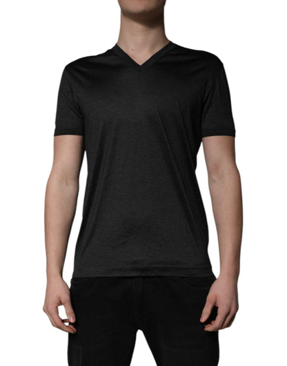 Dark Gray Silk V-neck Short Sleeves T-shirt