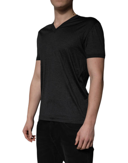 Dark Gray Silk V-neck Short Sleeves T-shirt