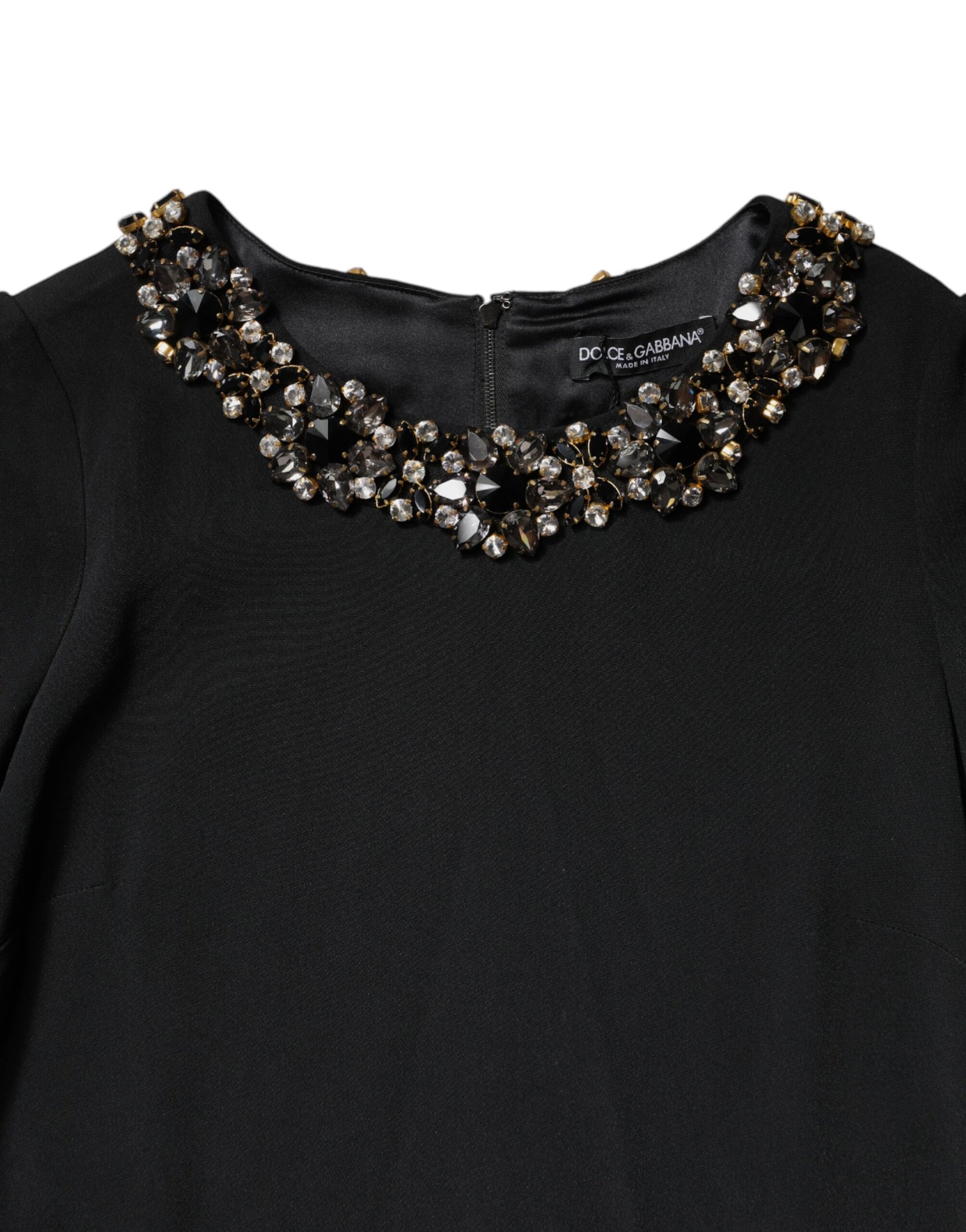 Black Crystal Embellished Round Neck Mini Dress