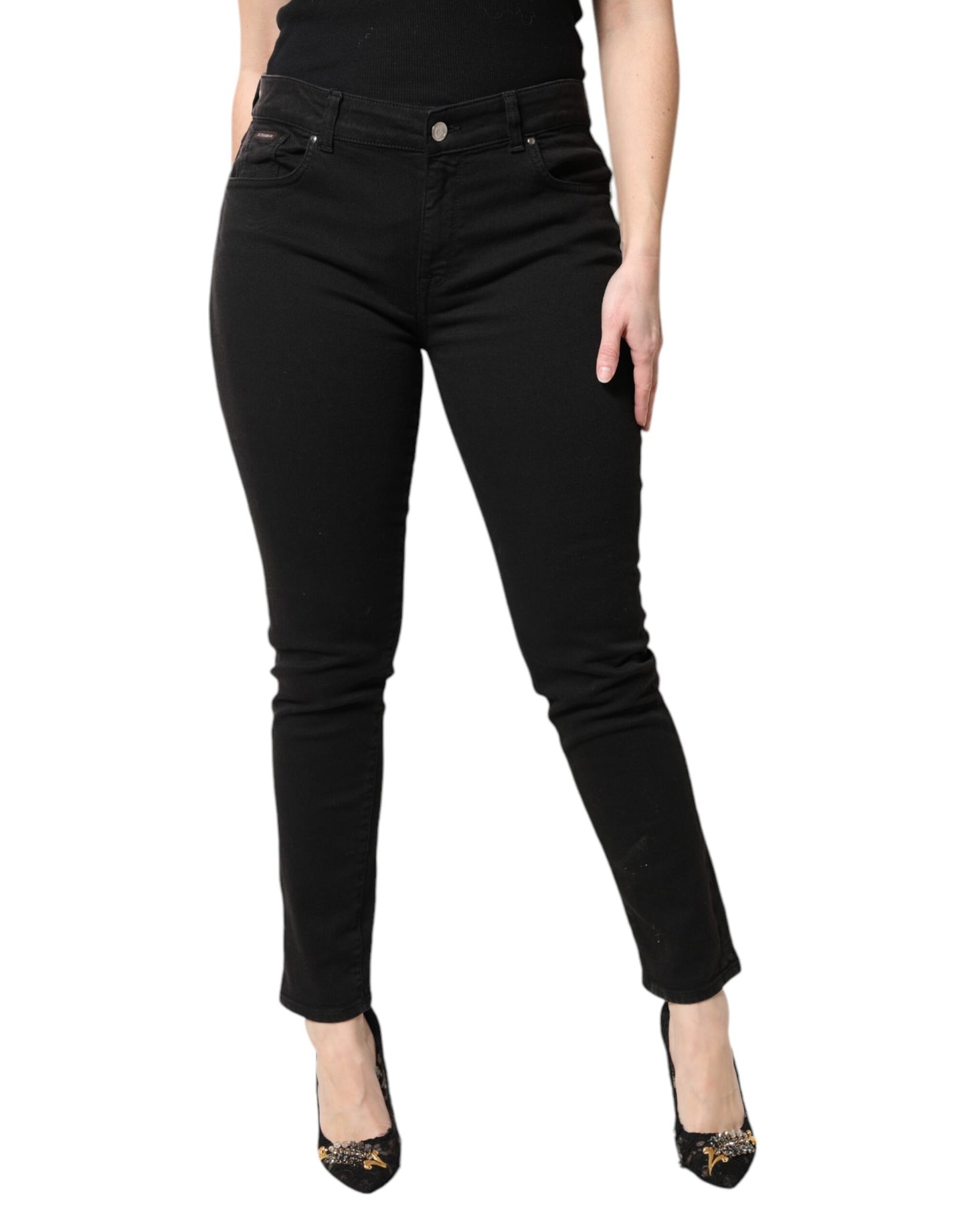 Black Cotton Mid Waisted Skinny Denim Jeans