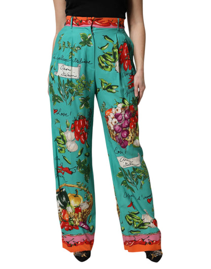 Green Silk Printed Straight Pants