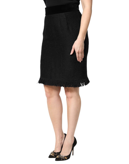 Black Wool Fringe High Waist Pencil Mini Skirt