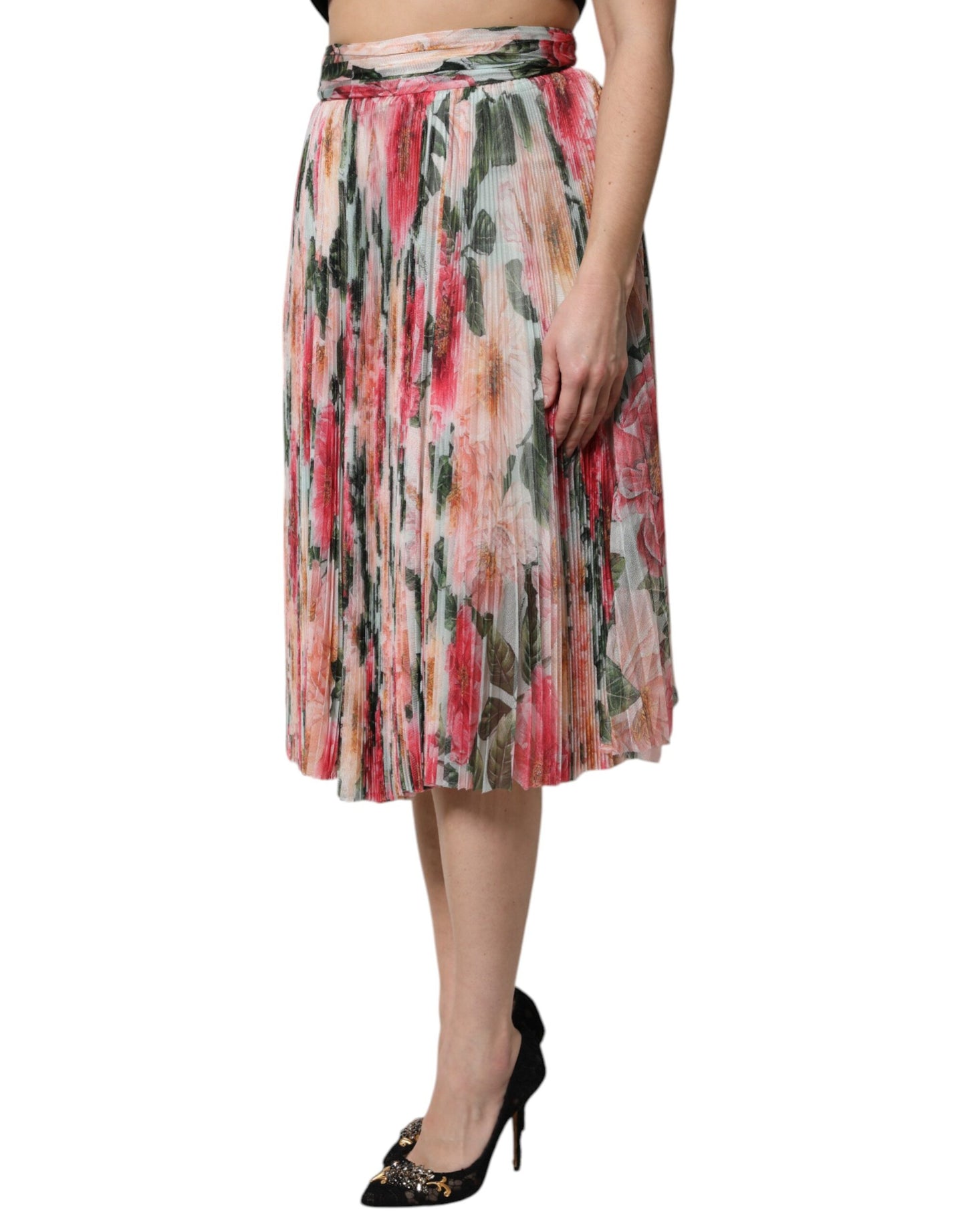 Multicolor Silk Floral High Waist Midi Skirt