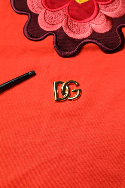 Red Floral Embroidery Cotton Crew Neck T-shirt