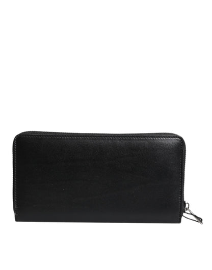 Black Leather Logo Plaque Zip Around Continental Wallet