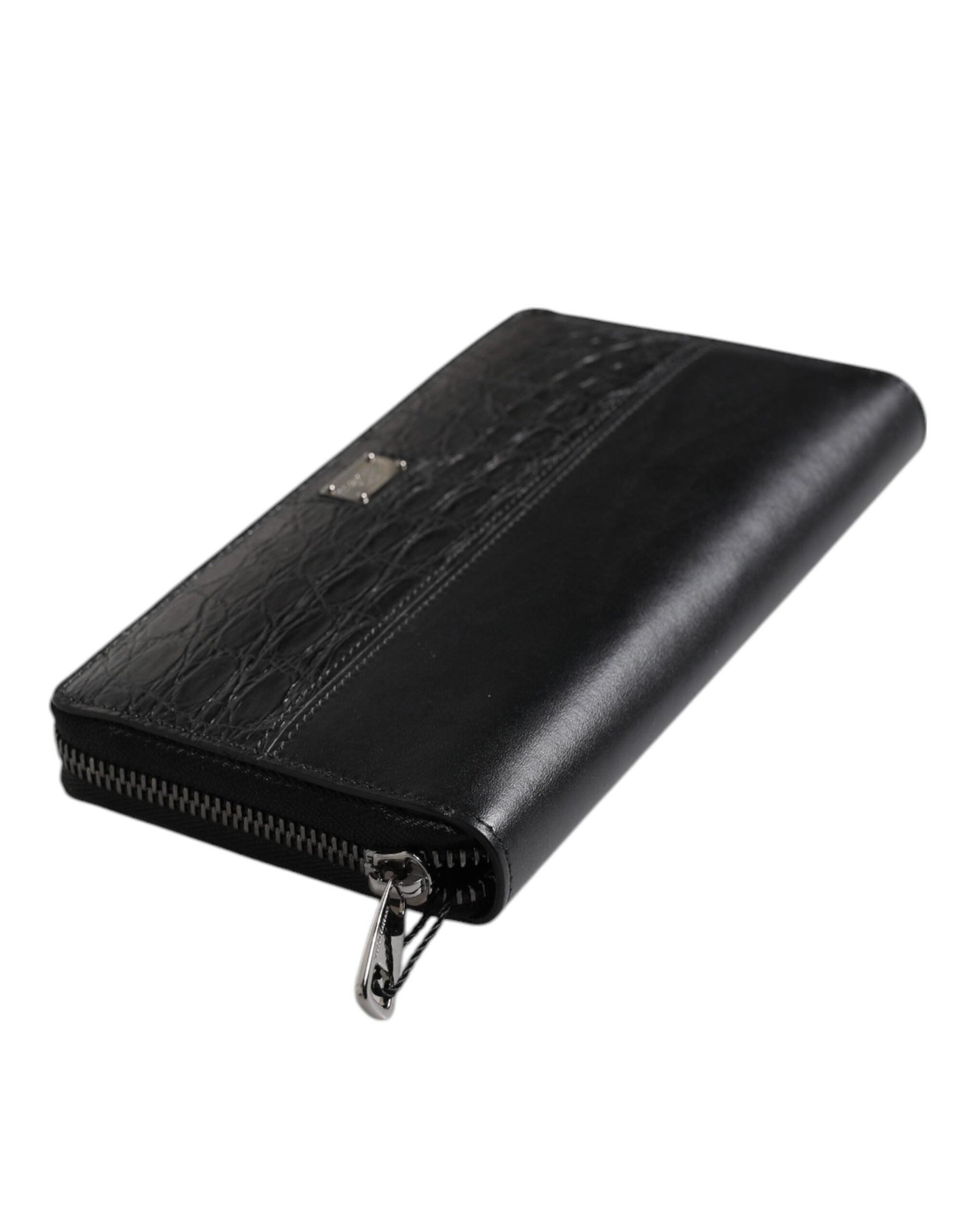 Black Leather Logo Plaque Zip Around Continental Wallet