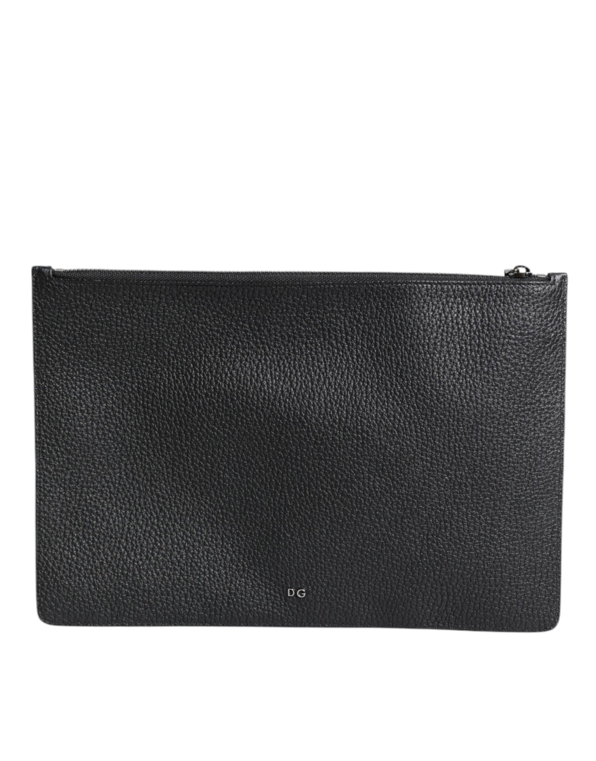 Black Calfskin Crown Embellished Clutch Pouch Bag