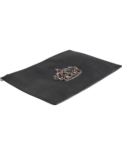 Black Calfskin Crown Embellished Clutch Pouch Bag