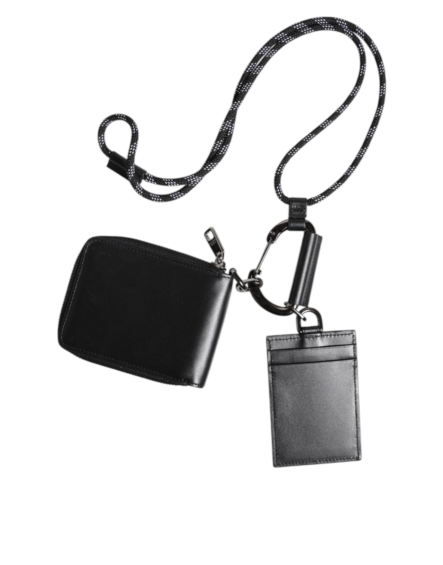 Black Leather Lanyard Zip Around Card Holder Wallet