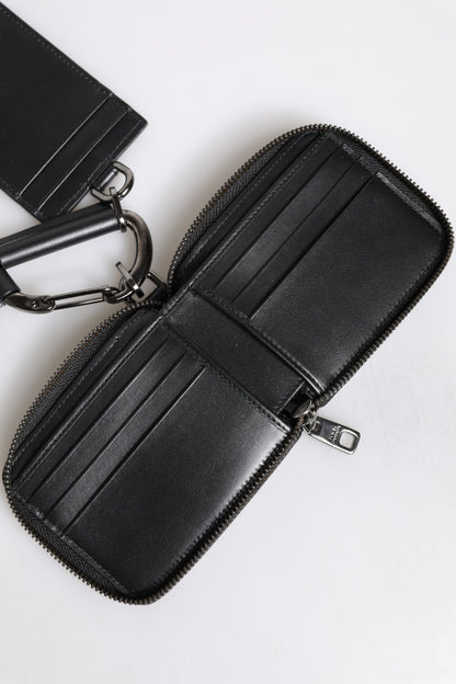 Black Leather Lanyard Zip Around Card Holder Wallet