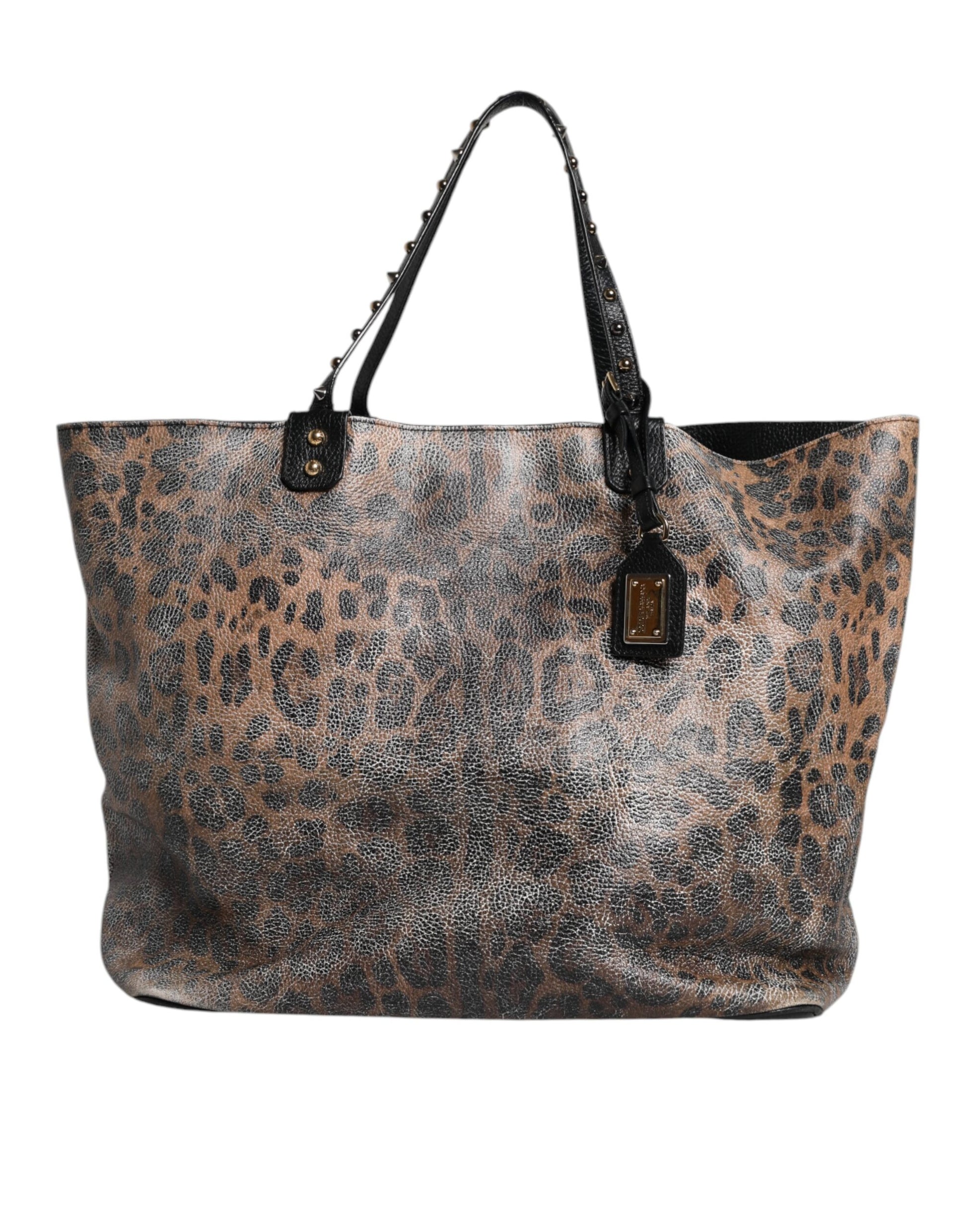 Brown Leopard BEATRICE Leather Logo Plaque Tote Bag