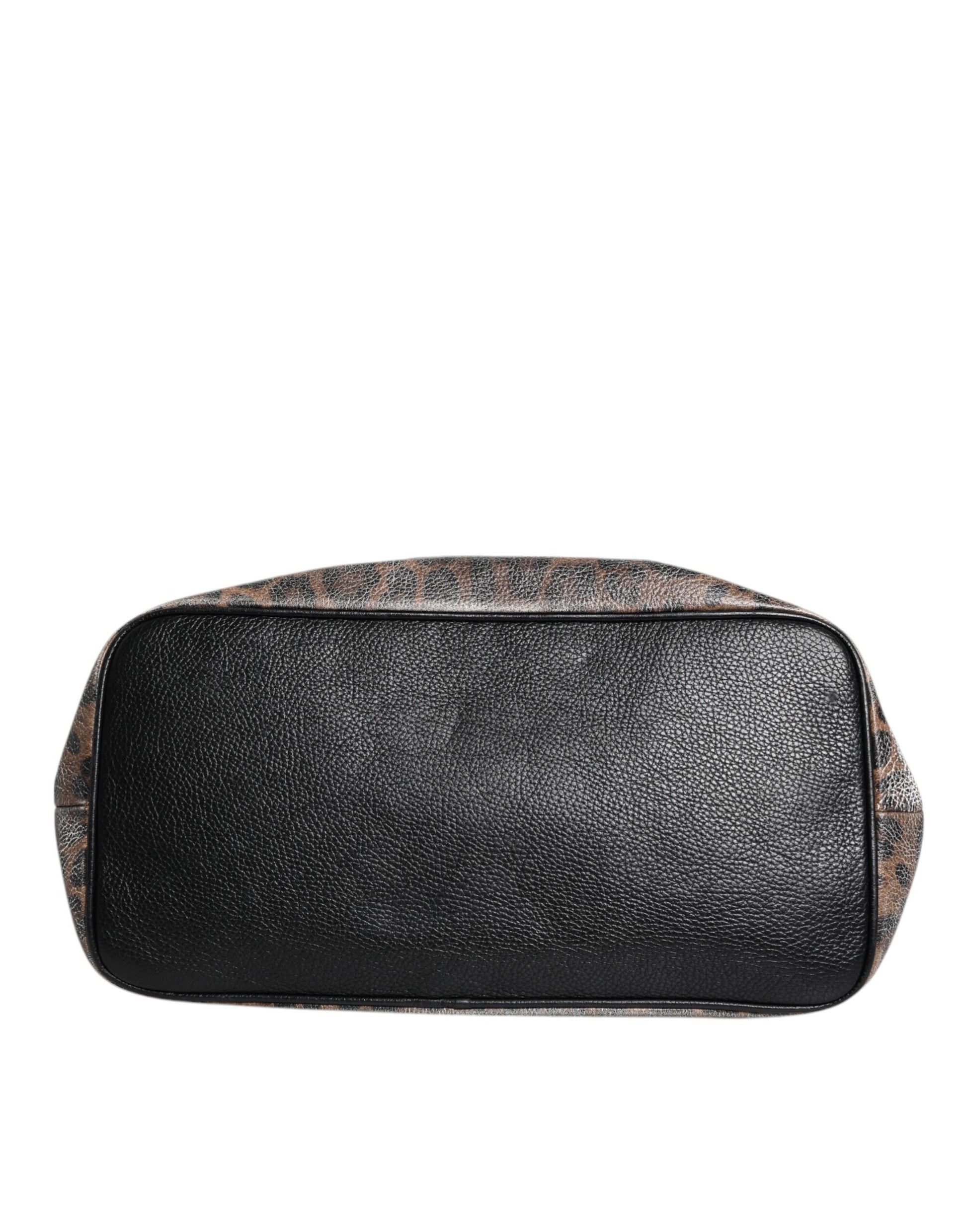 Brown Leopard BEATRICE Leather Logo Plaque Tote Bag