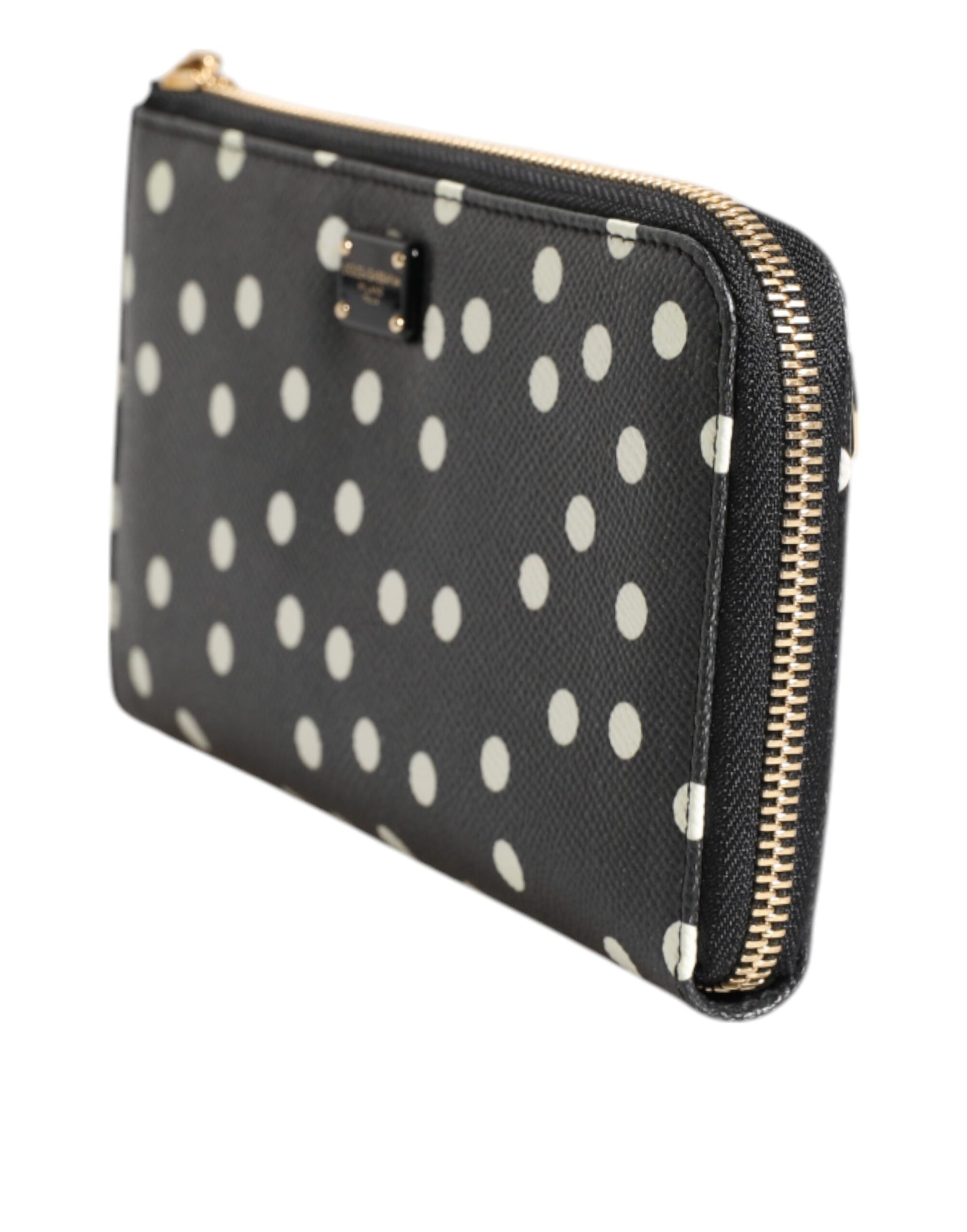 Black White Dotted Leather Zip Around Continental Wallet