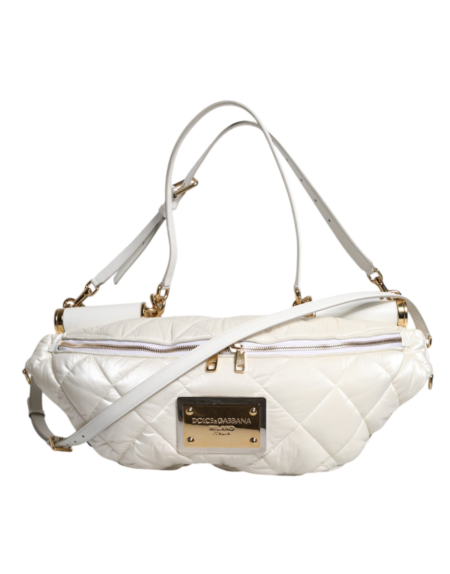 White Quilted Logo Plaque Belt Waist Fanny Pack Bag