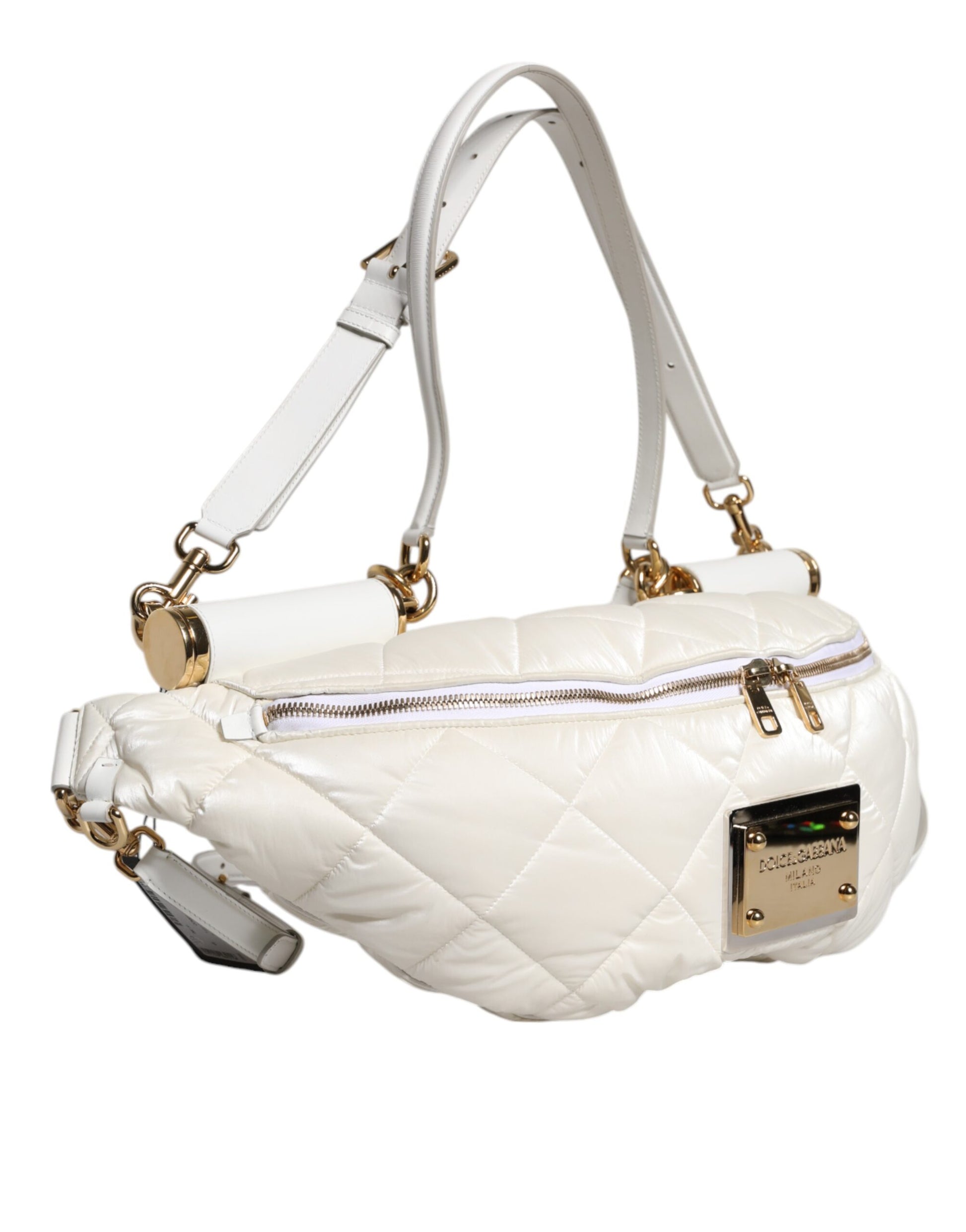 White Quilted Logo Plaque Belt Waist Fanny Pack Bag