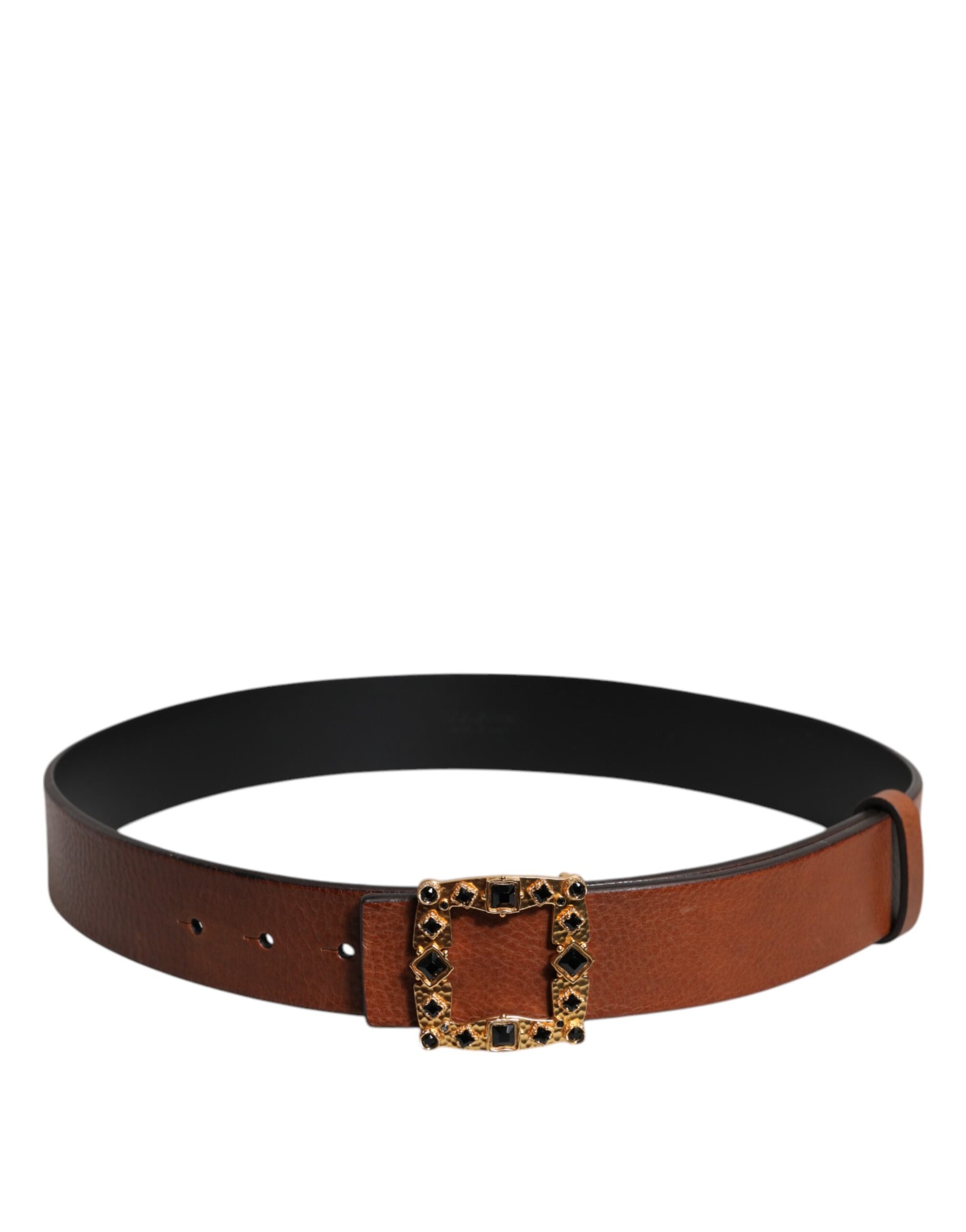 Brown Leather Gold Crystal Buckle Belt