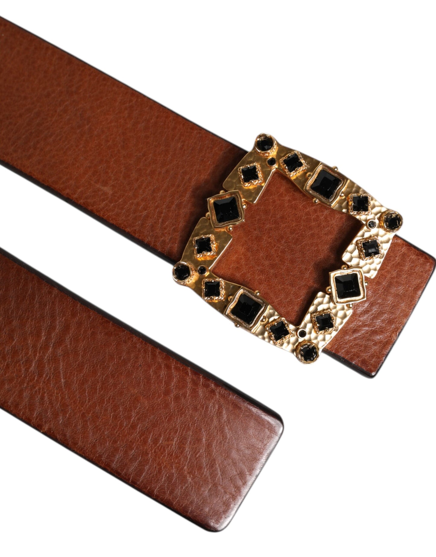 Brown Leather Gold Crystal Buckle Belt