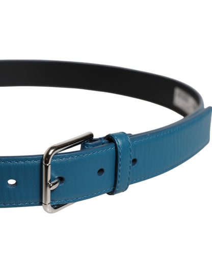 Blue Beige Leather Weaved Metal Buckle Belt