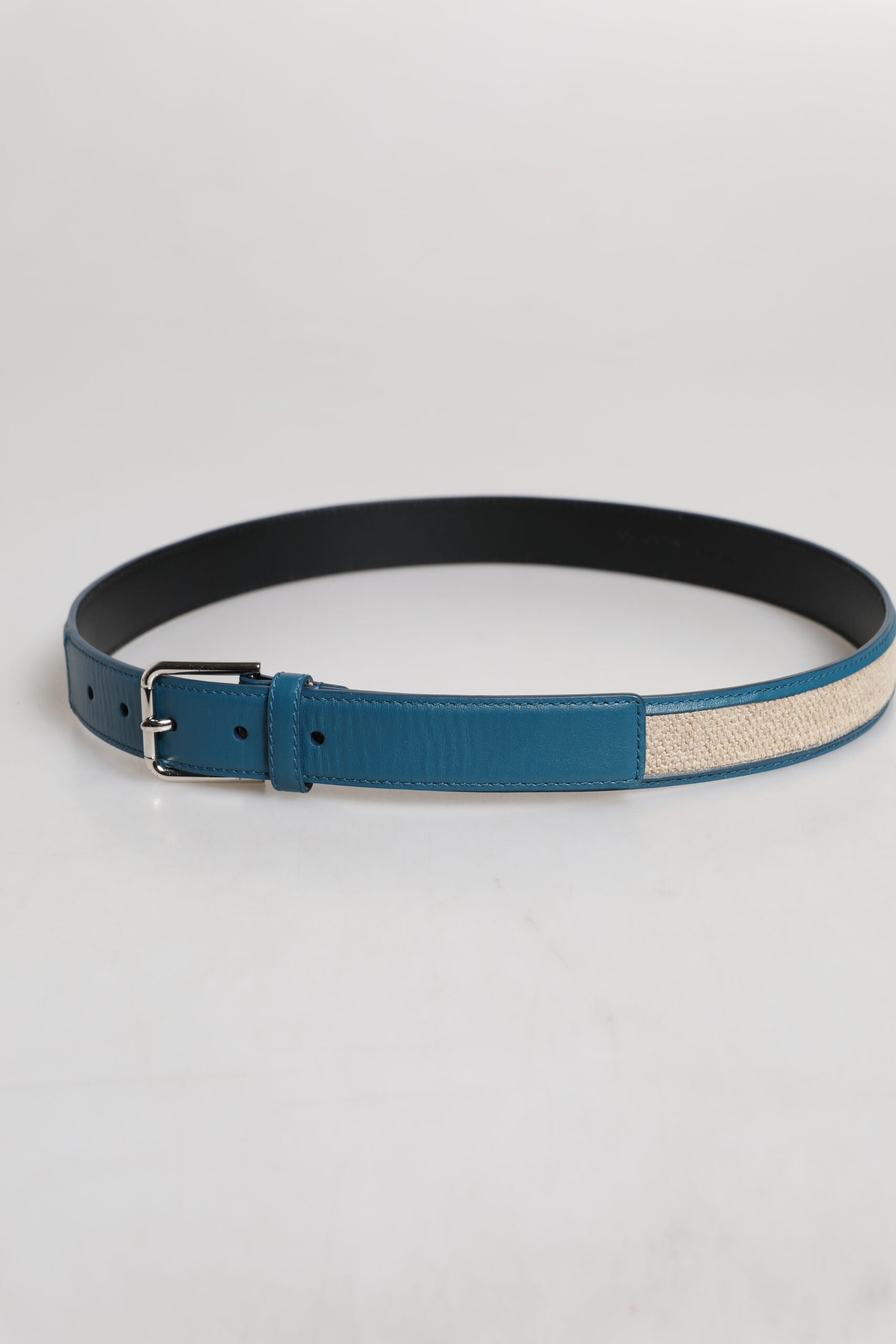 Blue Beige Leather Weaved Metal Buckle Belt