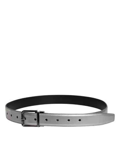 Silver Leather Classic Metal Logo Buckle Belt