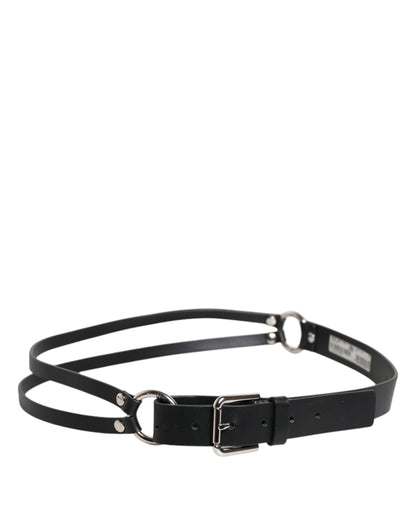 Black Leather Classic Metal Logo Buckle Belt