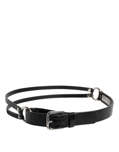 Black Exotic Leather Metal Logo Buckle Belt