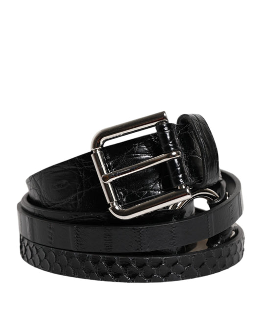 Black Exotic Leather Metal Logo Buckle Belt