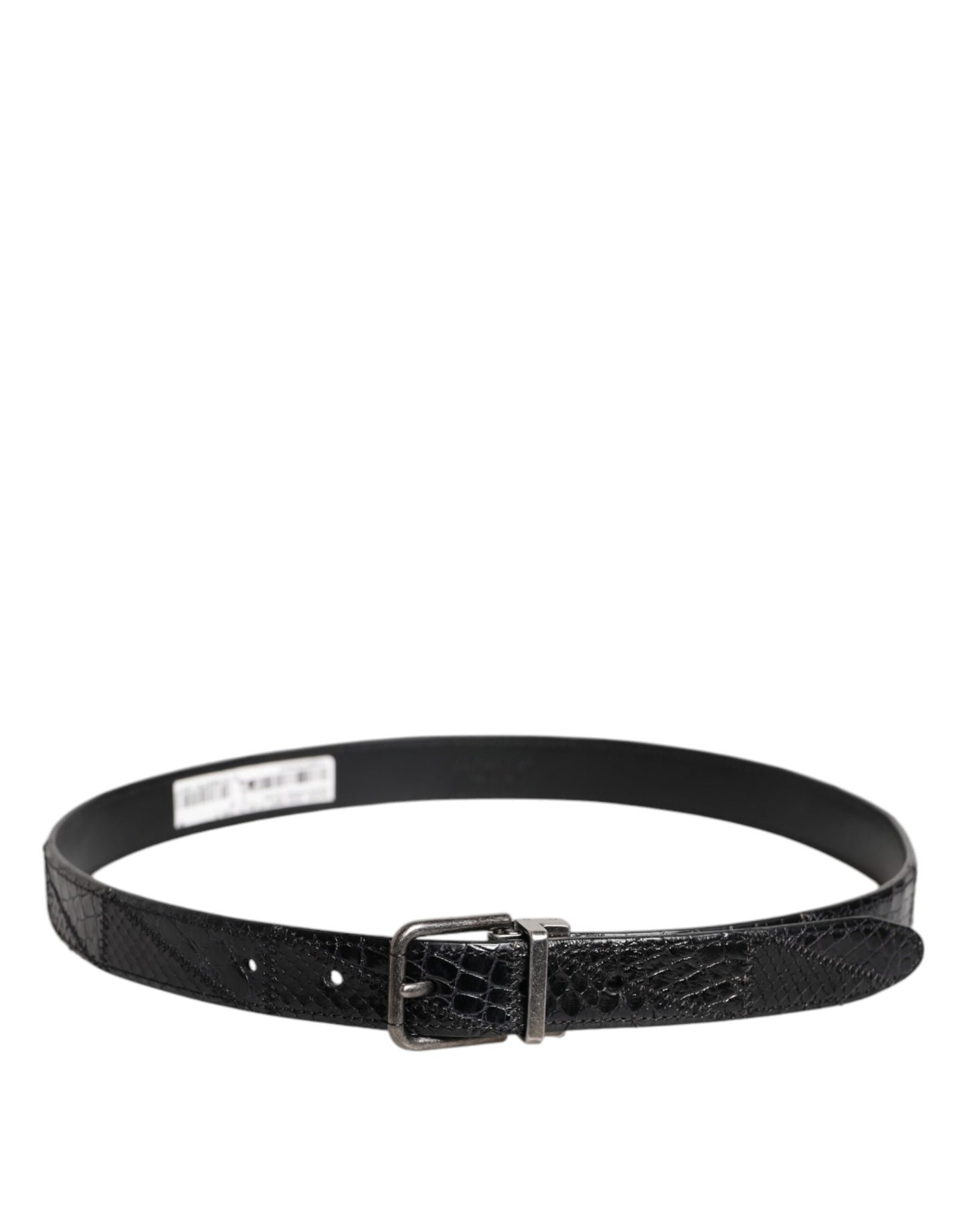 Black Exotic Leather Metal Logo Buckle Belt