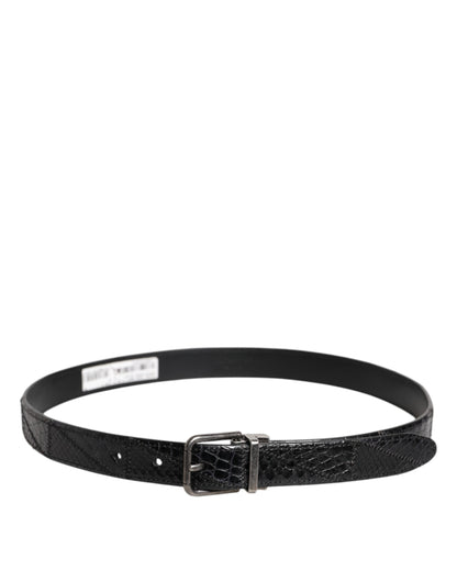 Black Exotic Leather Metal Logo Buckle Belt