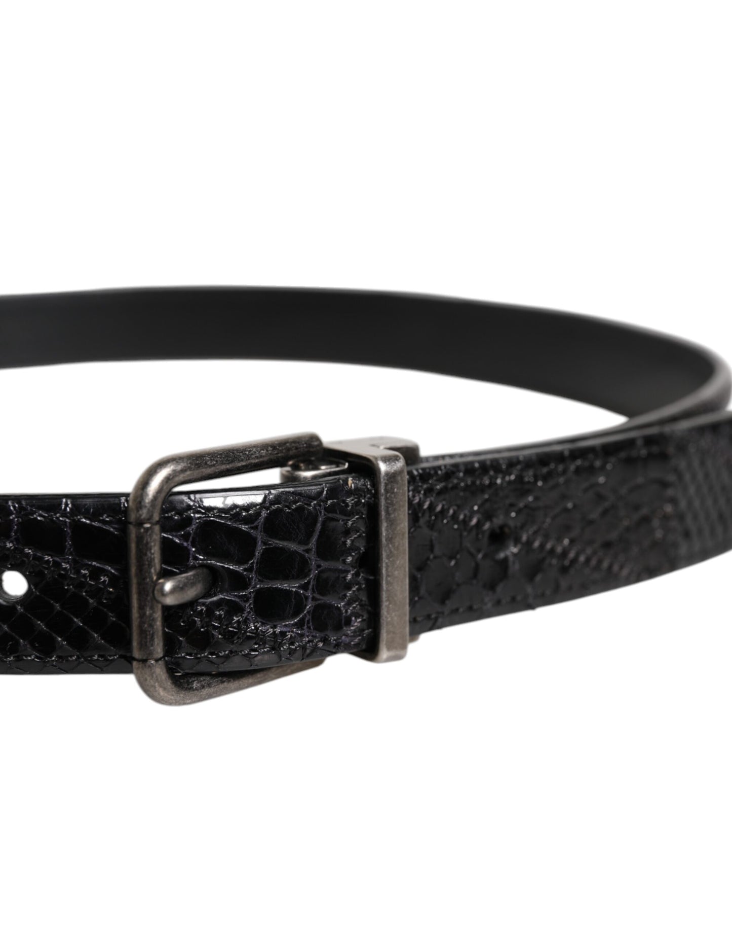 Black Exotic Leather Metal Logo Buckle Belt