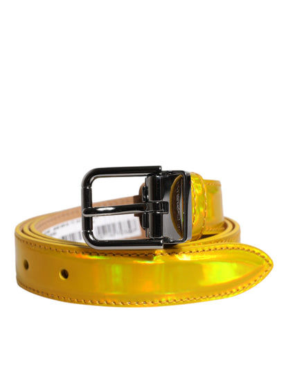 Metallic Yellow Leather Metal Logo Buckle Belt