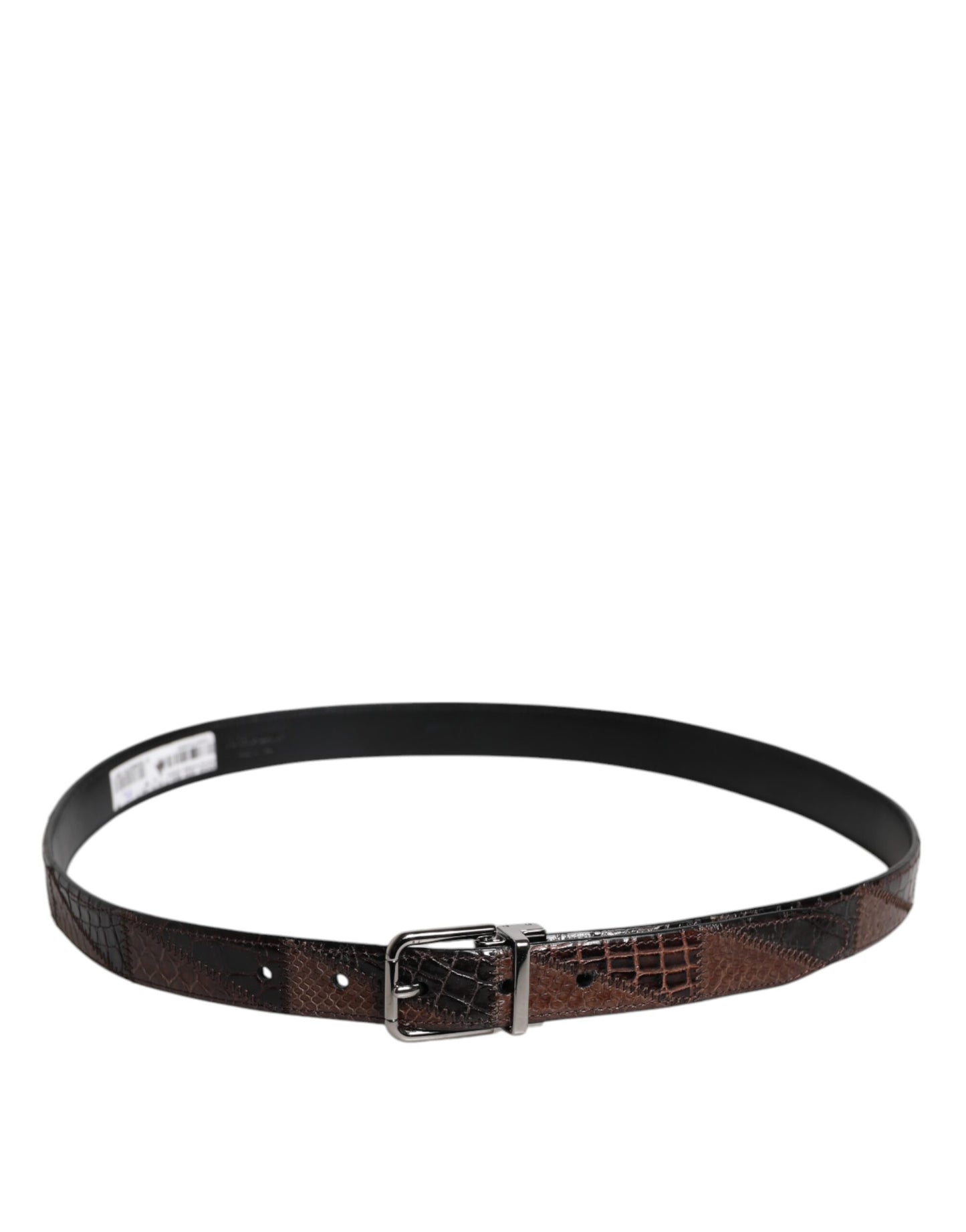 Brown Exotic Leather Metal Logo Buckle Belt
