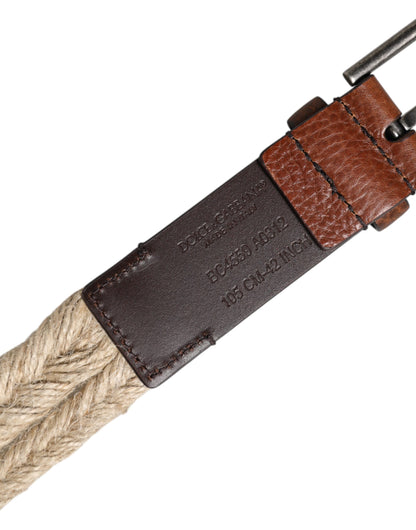 Brown Jute Leather Woven Metal Buckle Belt