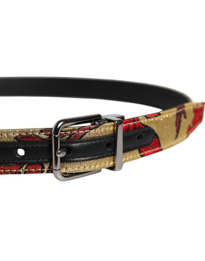 Gold Floral Jacquard Leather Metal Buckle Belt