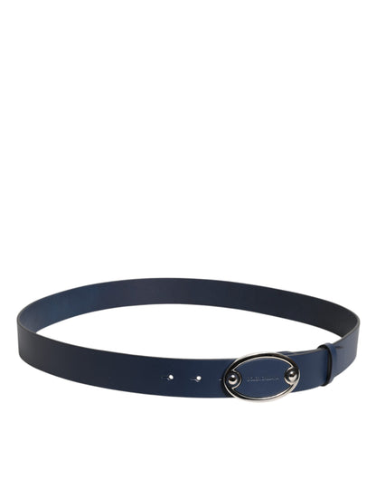 Blue Leather Classic Metal Logo Buckle Belt