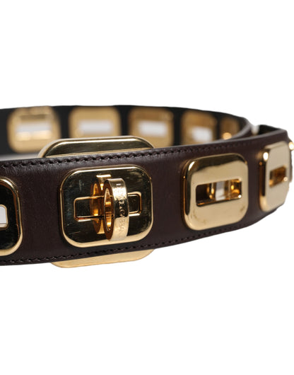 Dark Brown Leather Gold Rotating Buckle Belt